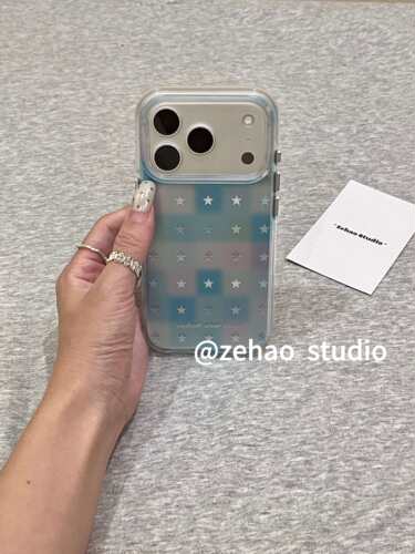U2 ins蓝色渐变格纹星星适用苹果18pro双层iphone17磨砂16气囊手机壳