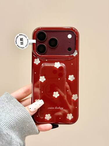 U2  勃艮第红钻纹银波点花朵适用苹果18promax手机壳17iphone16/15
