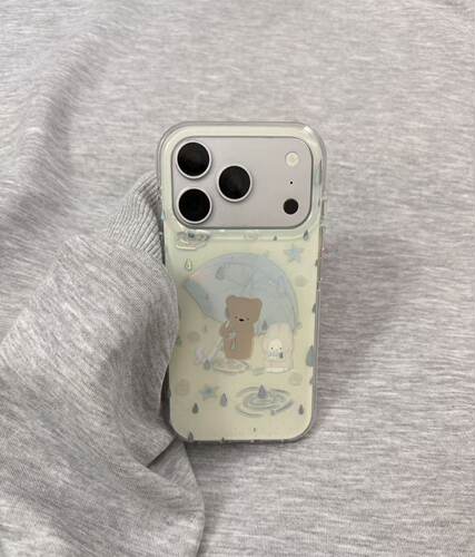 U2 亮面*韩系ins淡黄打伞的小熊适用17promax新款小众iPhone16简约个性清新苹果15手机壳 防摔保护套