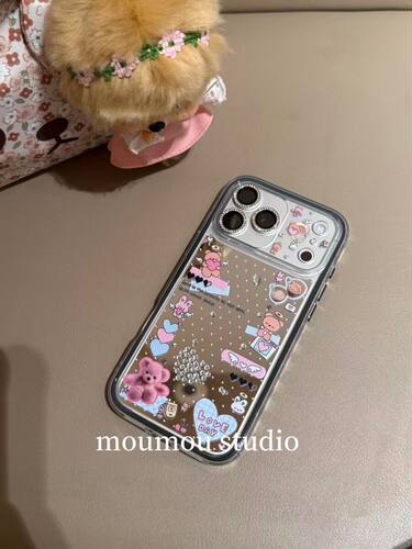 二合一可爱镜面小熊贴纸适用于iPhone17promax新款小众手机壳小清新苹果16防摔保护套