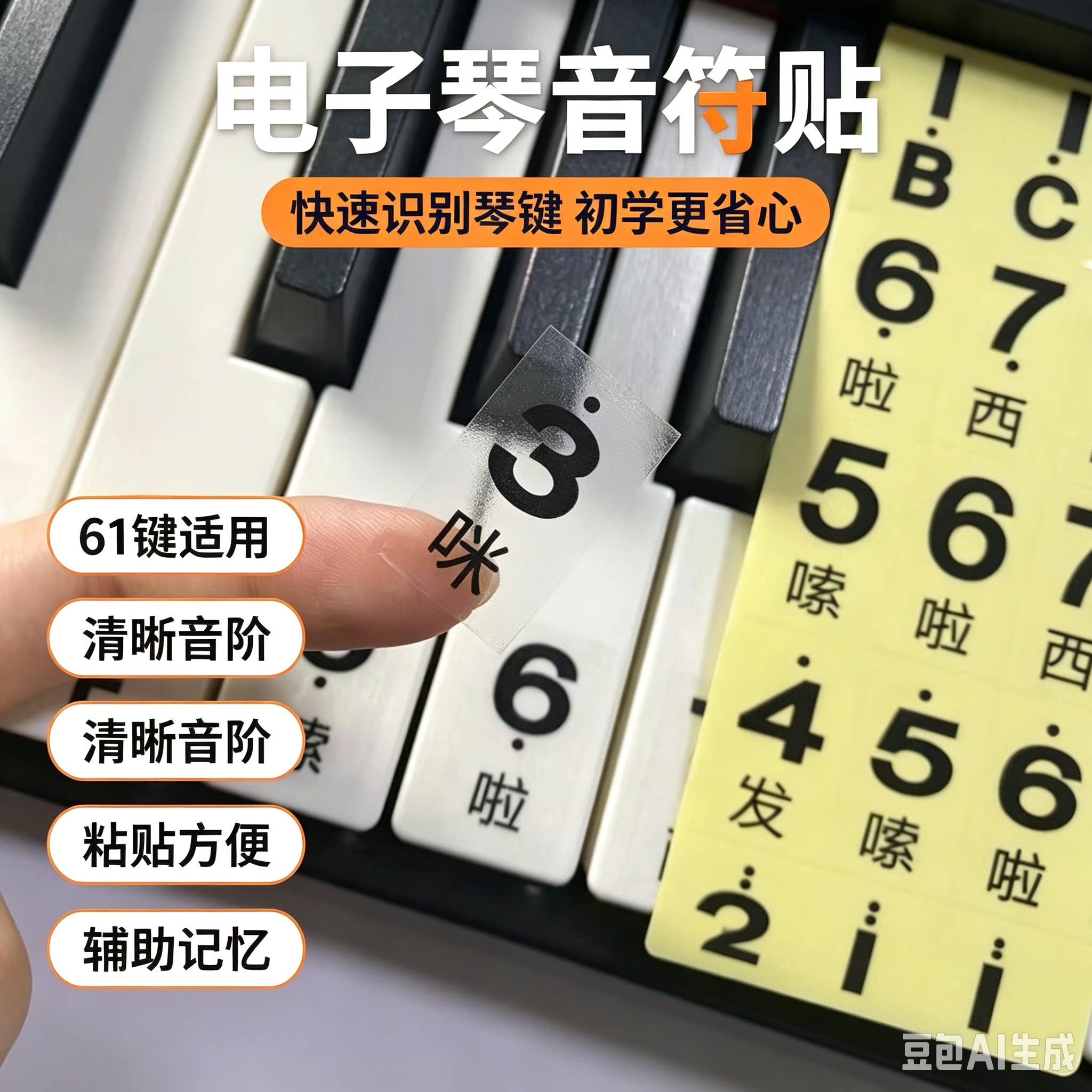 电子琴音符贴 61键透明琴键贴 初学钢琴键盘音阶贴简谱标识贴纸