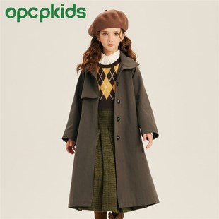 OPCP童装复古立领风衣女童春季新款英伦风百搭大衣男童中长款外套