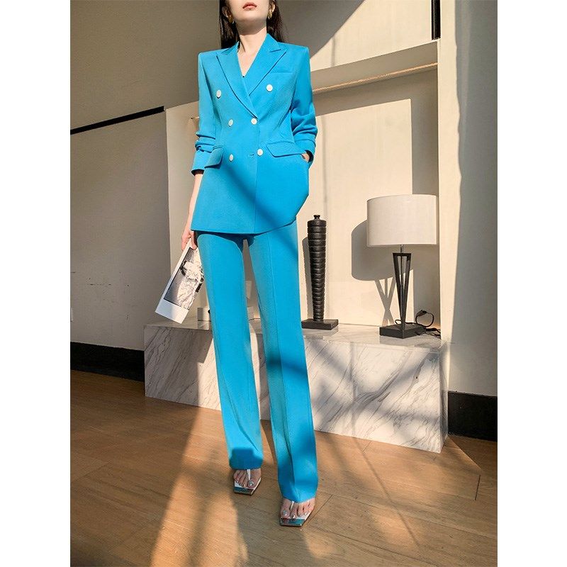 蓝色西装外套女2025春秋新款小个子阔腿裤气质名媛高级感西服套装