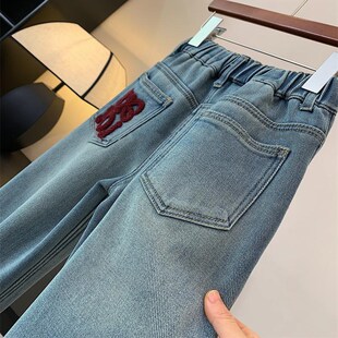 女童直筒喇叭加绒牛仔裤冬中大童装一体绒休闲长裤阔腿裤百搭宽松
