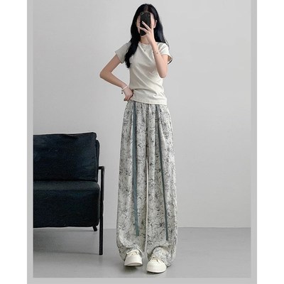 女童夏季裤子2024新款薄款阔腿裤国风中式水墨画休闲裤儿童防蚊裤