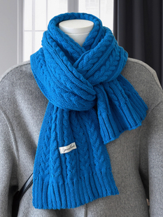 first 围巾韩系氛围高级感针织保暖围脖 love初恋蓝麻花围巾女冬季