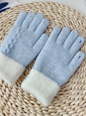 韩版新款蓝色毛绒可爱风针织手套女学生冬骑行保暖露指御寒可触屏