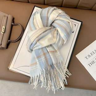 蓝色高级感男女格子围巾冬季2025新款韩系百搭学生礼物保暖围脖厚