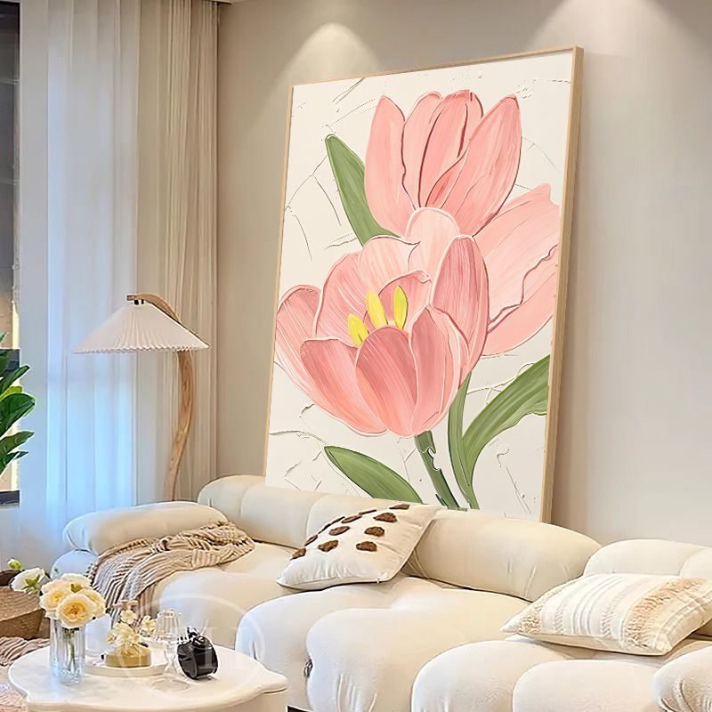 奶油北欧客厅装饰画郁金香沙发背景墙花卉挂画落地高级玄关壁画图片