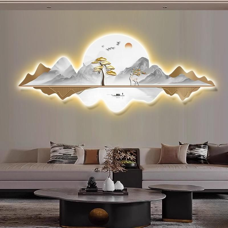 新中式招财麋鹿客厅装饰画立体精雕LED灯山水画沙发背景墙挂画图片
