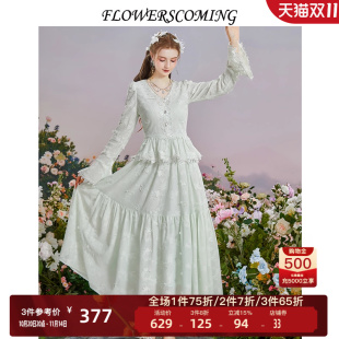 复古气质显瘦绿色上衣半裙两件套 裙女法式 花儿开了2025秋新款 套装