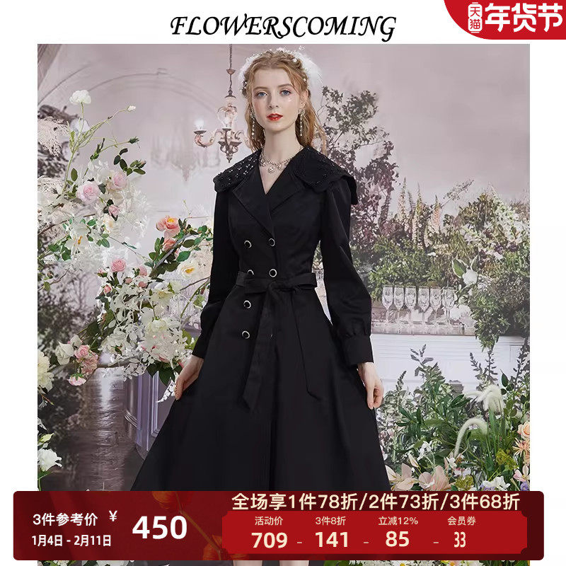 花儿开了2026春季新款复古英伦风洋气黑色风衣外套女装中长款大衣,女装/女士精品,风衣,淘宝优惠券,粉丝福利购,淘宝优惠卷
