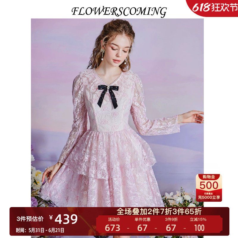 花儿开了2026春季新款法式复古蕾丝短款连衣裙粉色甜美仙女蛋糕裙