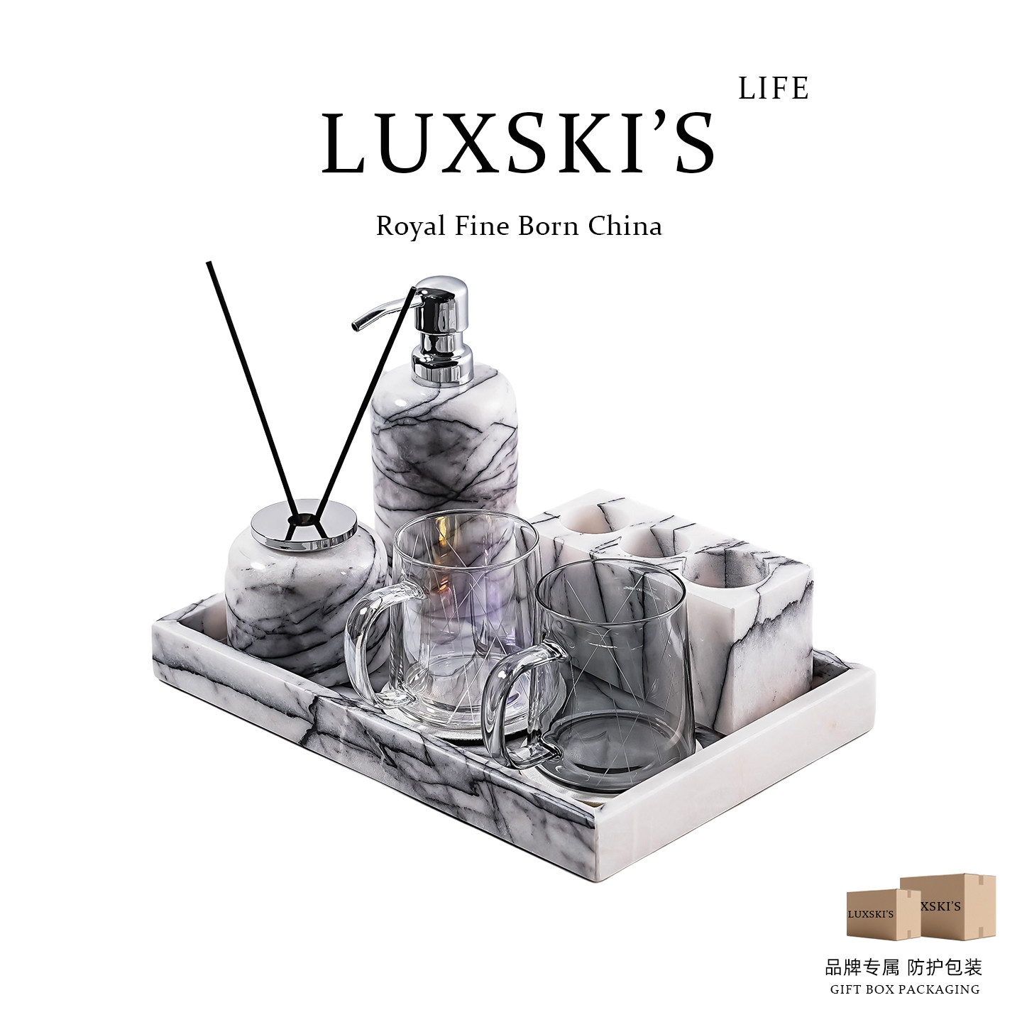 LUXSKI大理石牙刷牙膏置物架别墅卫生间洗漱台面漱口杯收纳牙具座