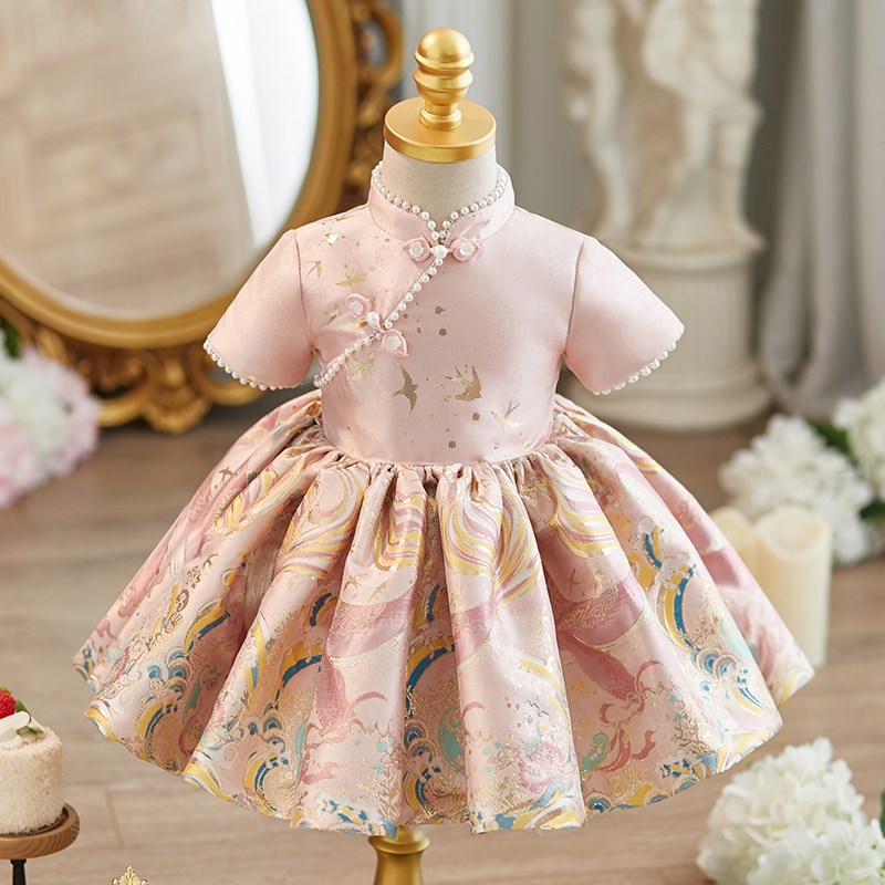 新中式唐装旗袍周岁女宝宝礼服女童公主裙生日小女孩主持人演出服