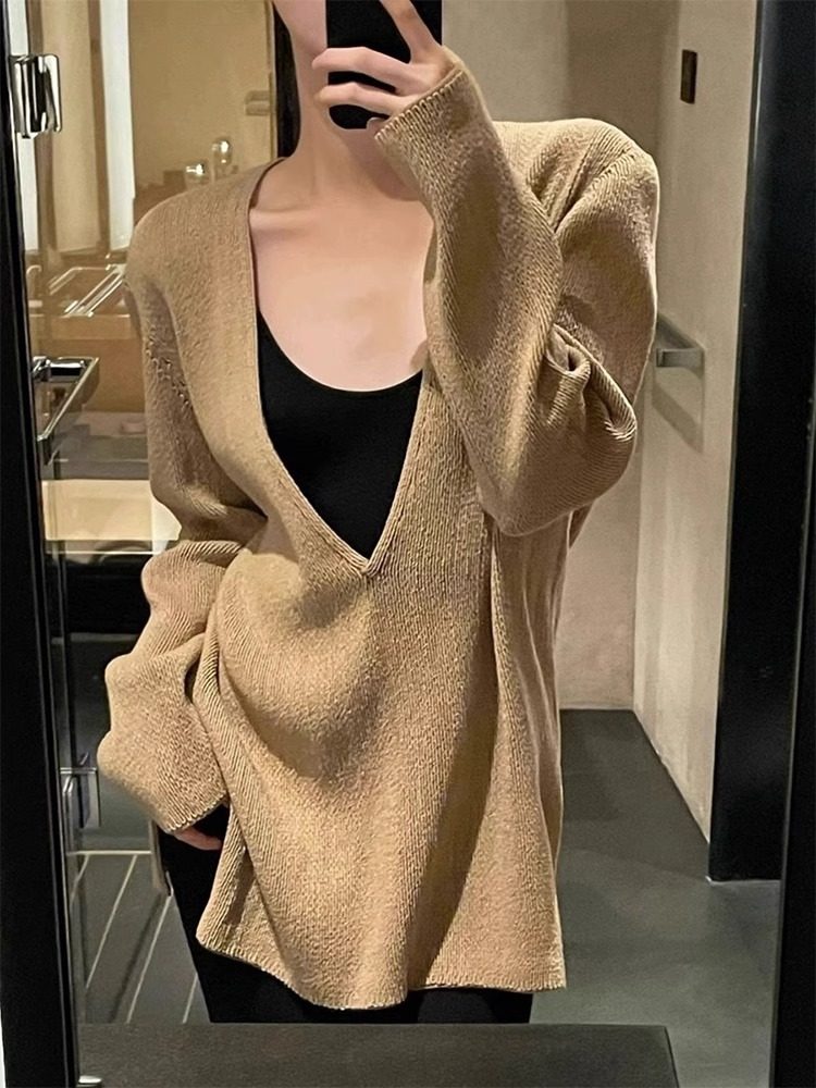 法式深V领长袖毛衣女秋冬季大领口中长款针织衫宽松慵懒外搭上衣