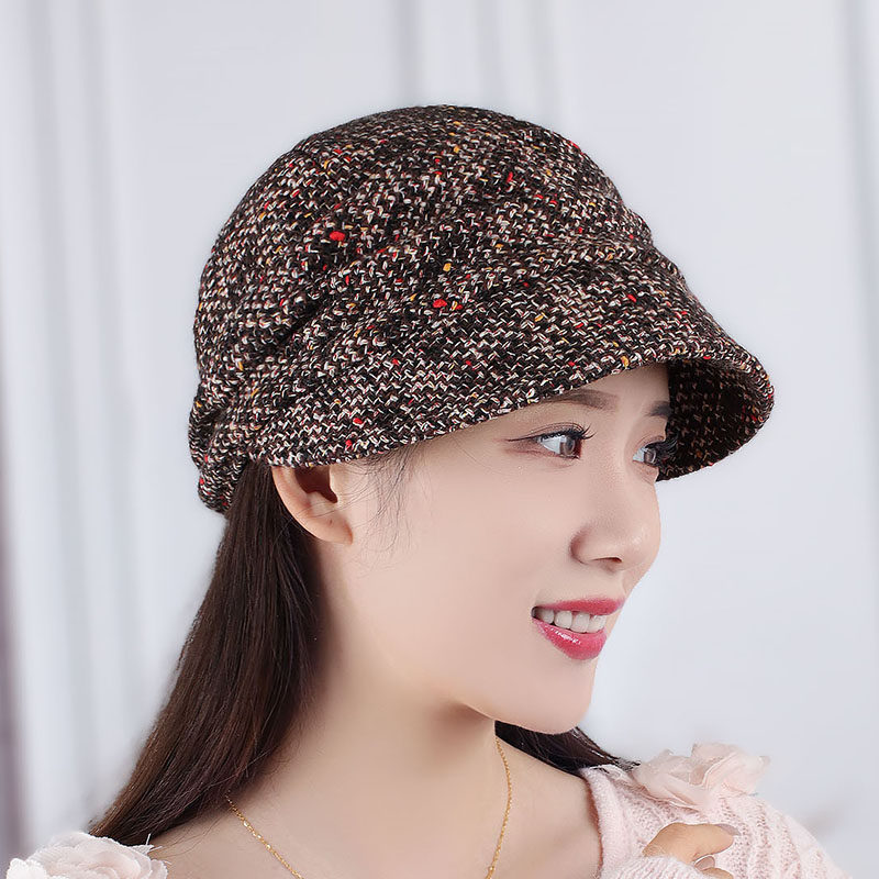 韩版复古渔夫帽女羊毛呢子格纹时尚百搭盆帽优雅休闲帽子冬淑女帽