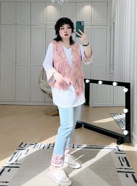 早秋新中式国风马甲T恤套装大码女装2F00斤胖mm牛仔烟管裤子三件