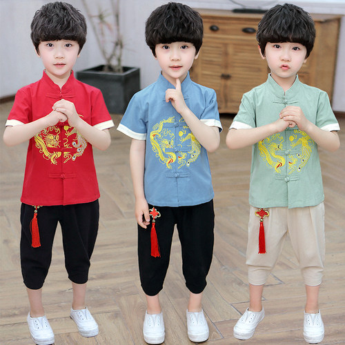 儿童汉服棉麻短袖中国风刺绣男童夏装礼服唐装男宝宝古装国学套装