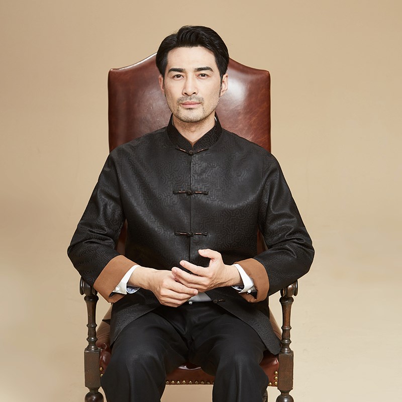 高端中老年唐装男中式真丝香云纱春秋外套中国风立领盘扣休闲上衣