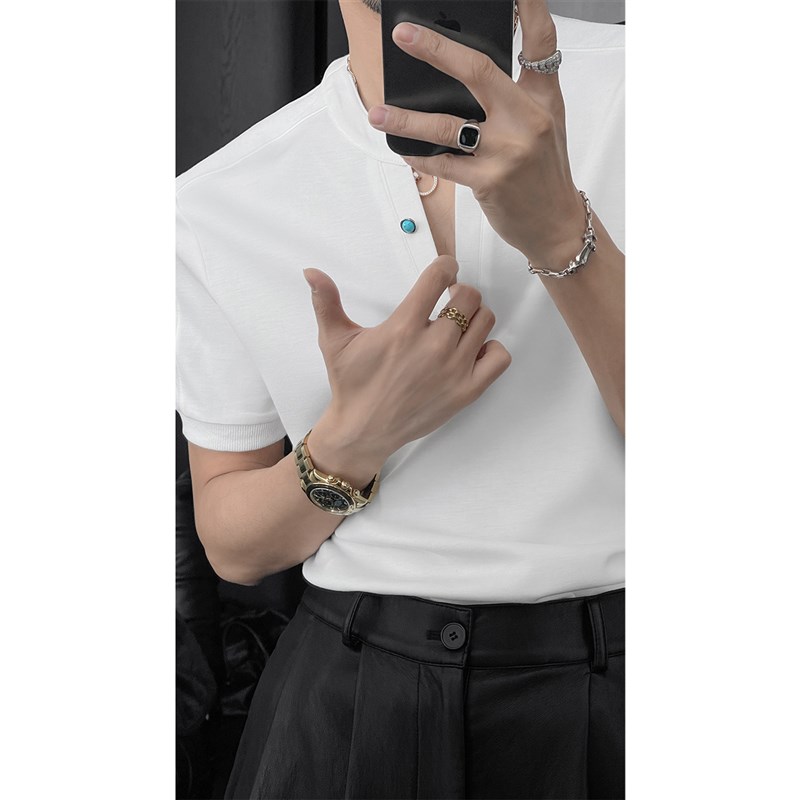 龙叨叨春夏新款潮流纯色高级感简约V领正肩短袖百搭T恤打底衫