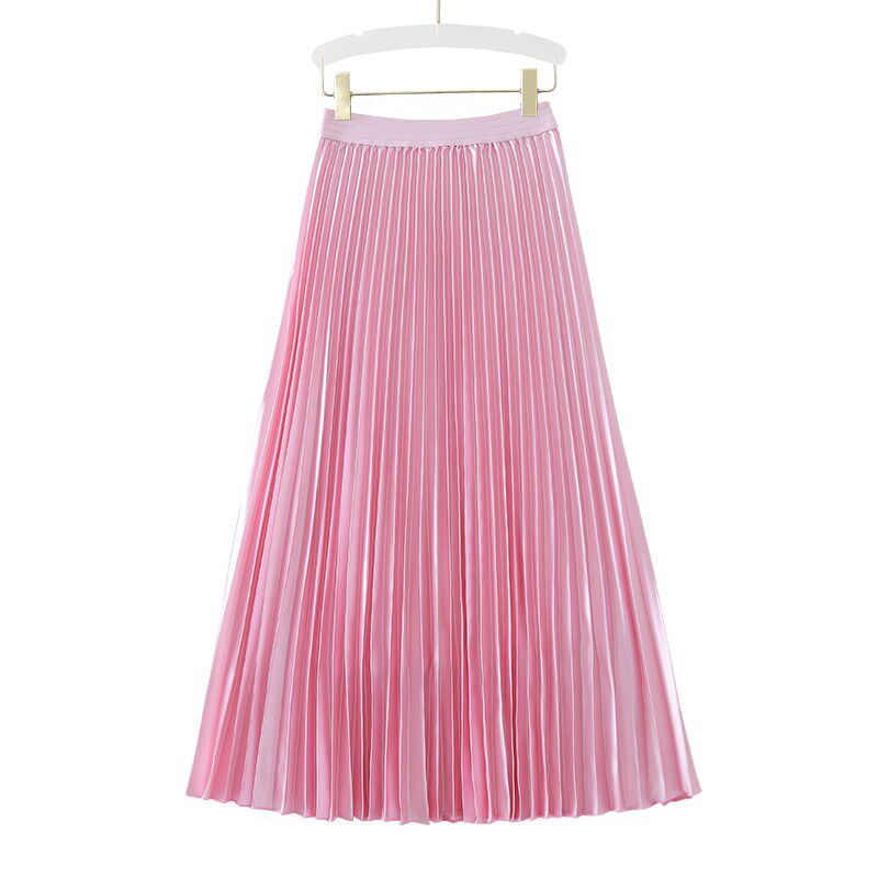 半身裙女装复古春秋新款 粉色缎面过膝中长款高腰a字风琴裙百褶裙