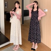 夏季 新款 网红大z码 高端辣妈孕妇装 雪纺吊带裙韩版 雪纺碎花长裙套