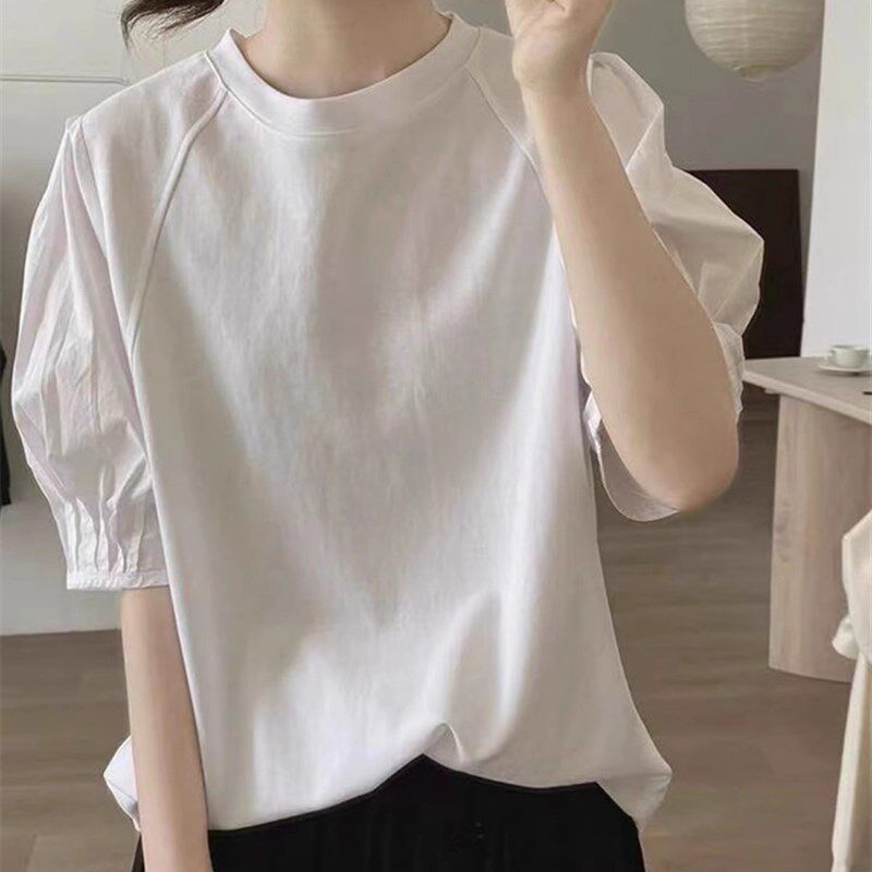 正肩白色灯笼袖t恤女短袖夏季y宽松显瘦圆领时尚欧货小衫半袖上衣