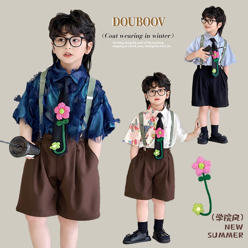 儿童夏季短裤六一背带套装新款男童学院风背带裤演出服宝宝礼服潮