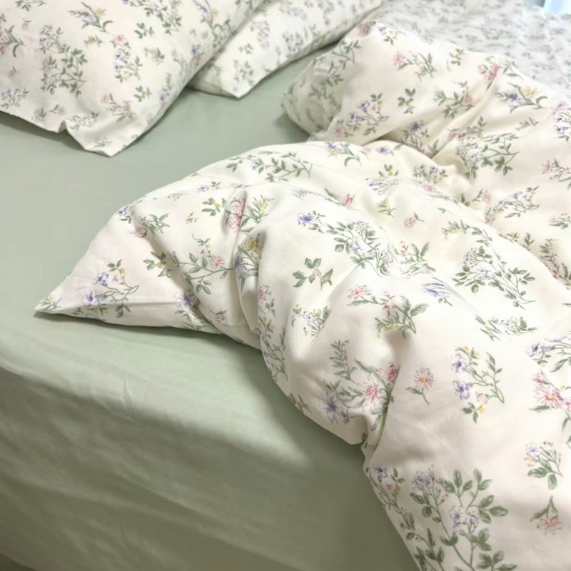 浪漫绿小花A类母婴级纯棉双层纱四件套轻柔透S气软糯全棉小清新