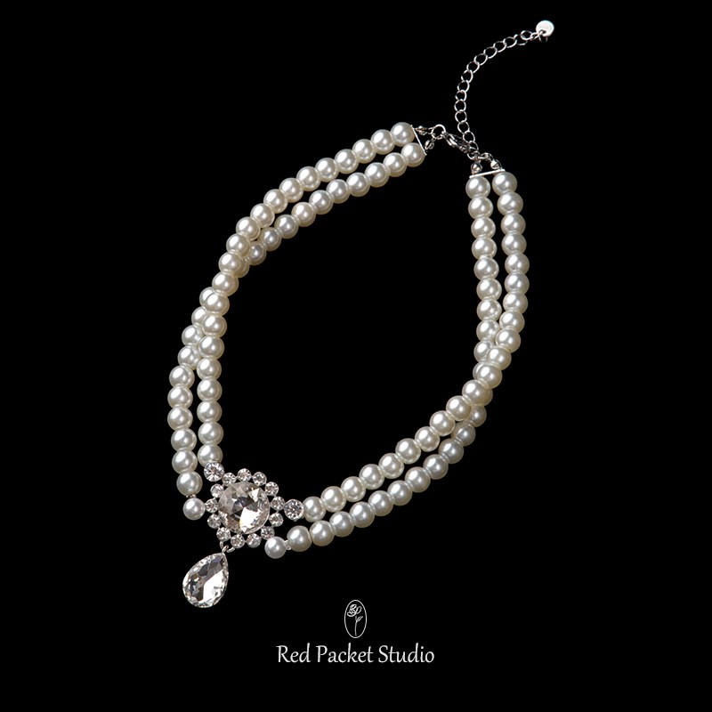 红口袋法式复古轻奢双层珍珠项链超闪水滴吊坠颈链新娘晚礼服写真