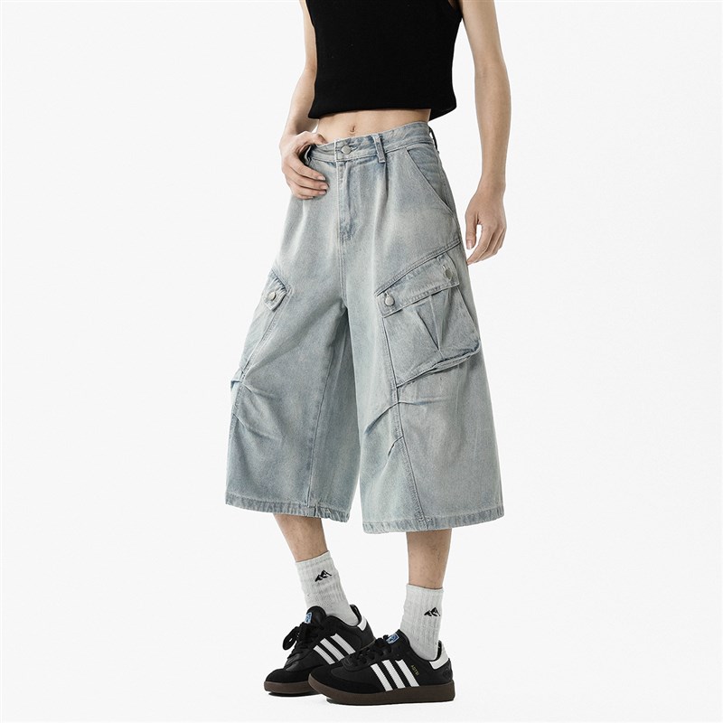 美式多口袋工装牛仔短裤男夏季复古街头阔腿裤水洗做旧七八分裤子