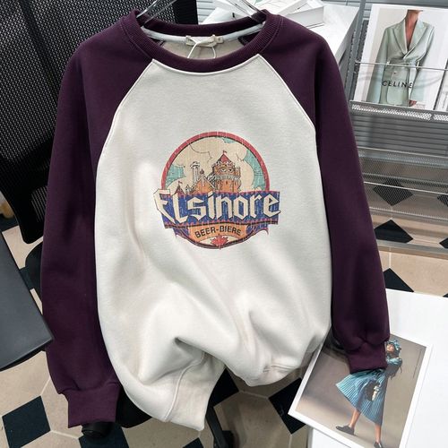 胡子叔大码港味复古印花圆领卫衣女冬季宽松胖mmT加绒插肩袖上衣