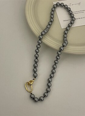 真多麻灰强光正圆珍珠项链女高级感小众时尚轻奢锁骨链潮气质毛衣