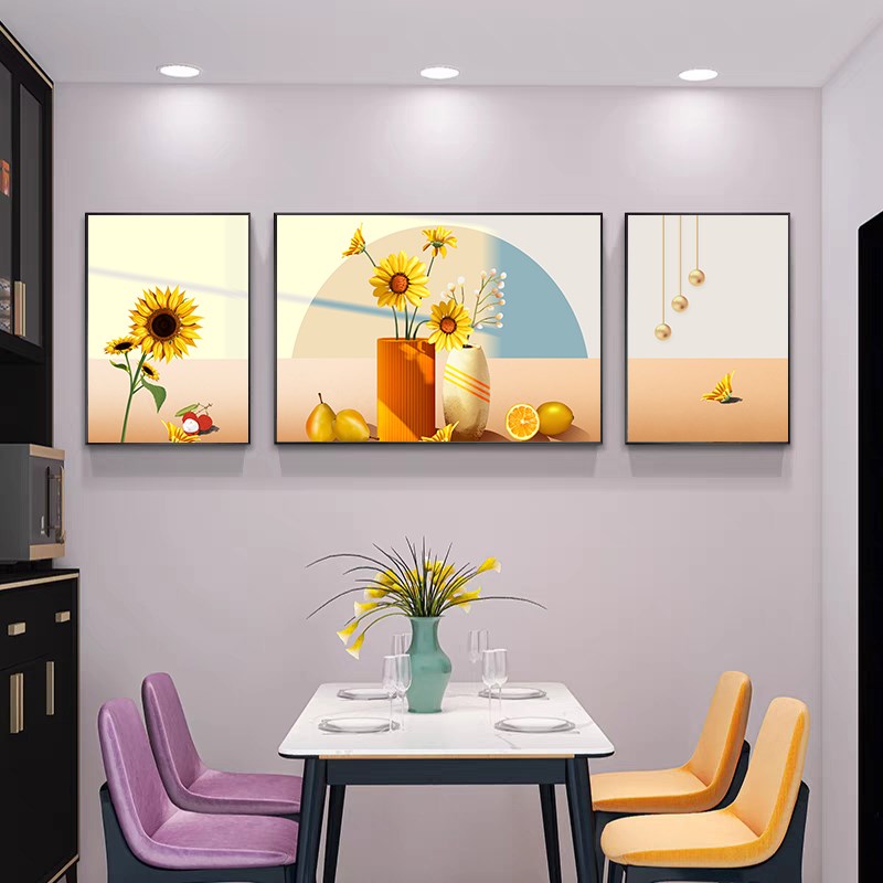 简约现代植物花卉餐厅餐桌背景墙三联装饰画酒杯水果壁画晶瓷挂画
