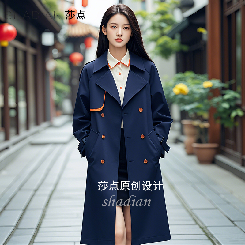 蓝色双排扣风衣外套女2024年秋季新款中长款今年流行过膝大衣女装