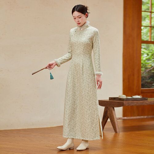 中式女装中国风秋季连衣裙女改良汉服旗袍新款2023V针织女装长裙