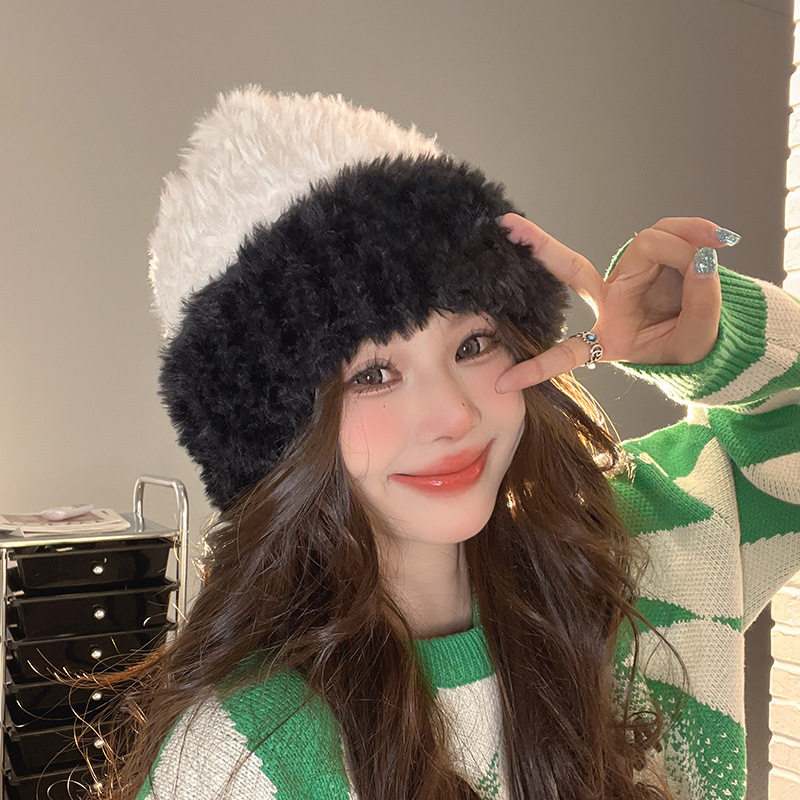 帽子女秋冬拼色针织毛线帽韩版大头围保暖毛绒帽时尚百搭加厚冷帽,居家日用,一次性防护帽,淘宝优惠券,粉丝福利购,淘宝优惠卷