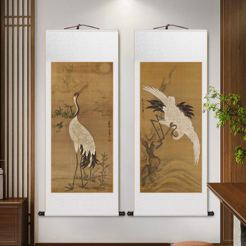 白鹤图名家卷轴挂画仙鹤国画新中式客厅装饰画书房茶室玄关壁画