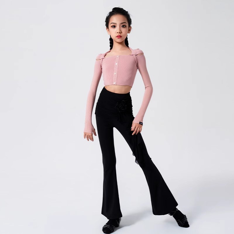 新款拉丁舞服女童秋款方领长袖上衣飘带喇叭长裤表X演出训练功服