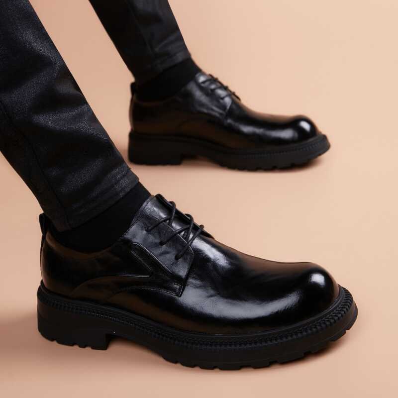 新款头层牛皮鞋真皮正装商务韩版英伦风圆头增高男士休闲德比男鞋