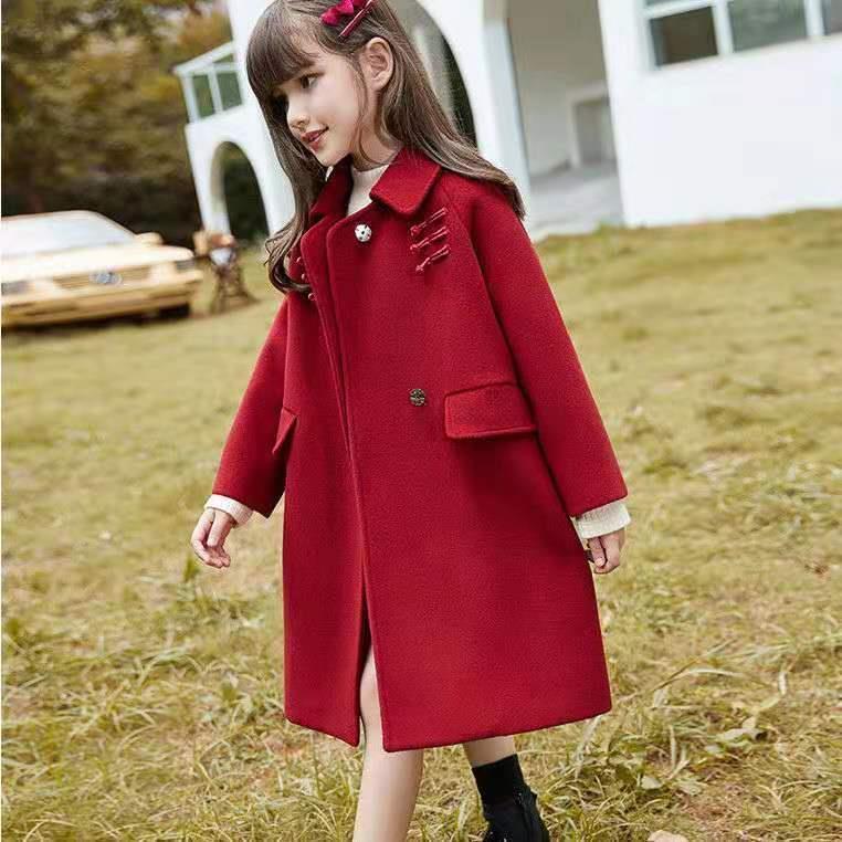 女童毛呢外套2022新款儿童呢子大衣拜年服中长款红色大童女孩洋气