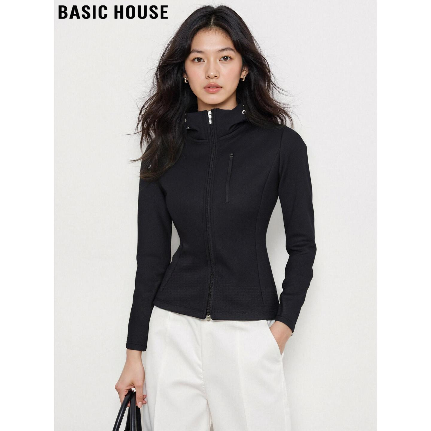 Basic House/百家好运动修身连帽卫衣外套女2026春季短款拉链开衫