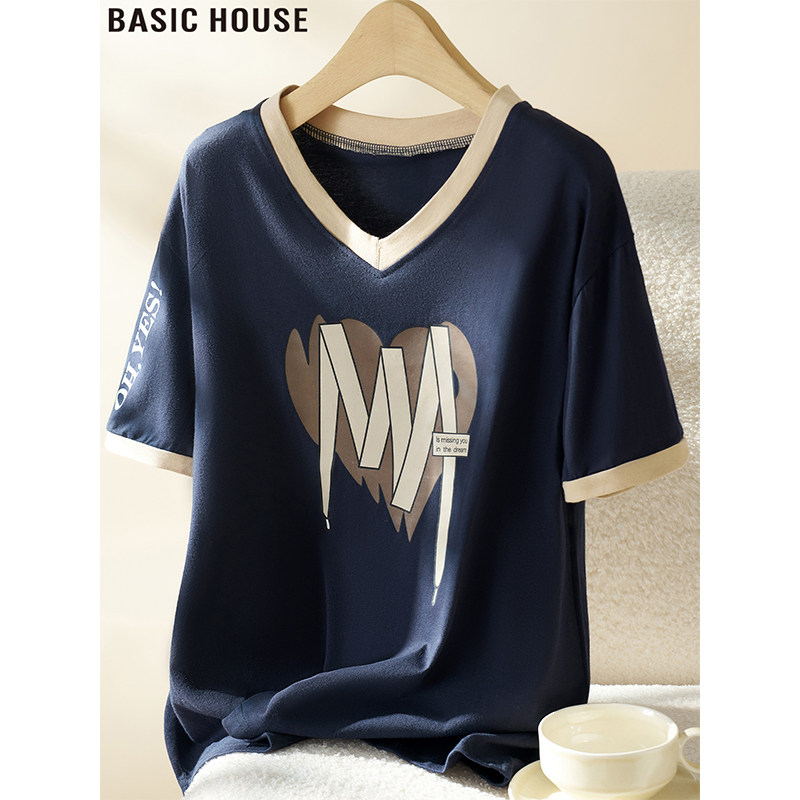 Basic House/百家好纯棉印花V领短袖T恤女夏季藏蓝色正肩体恤上衣