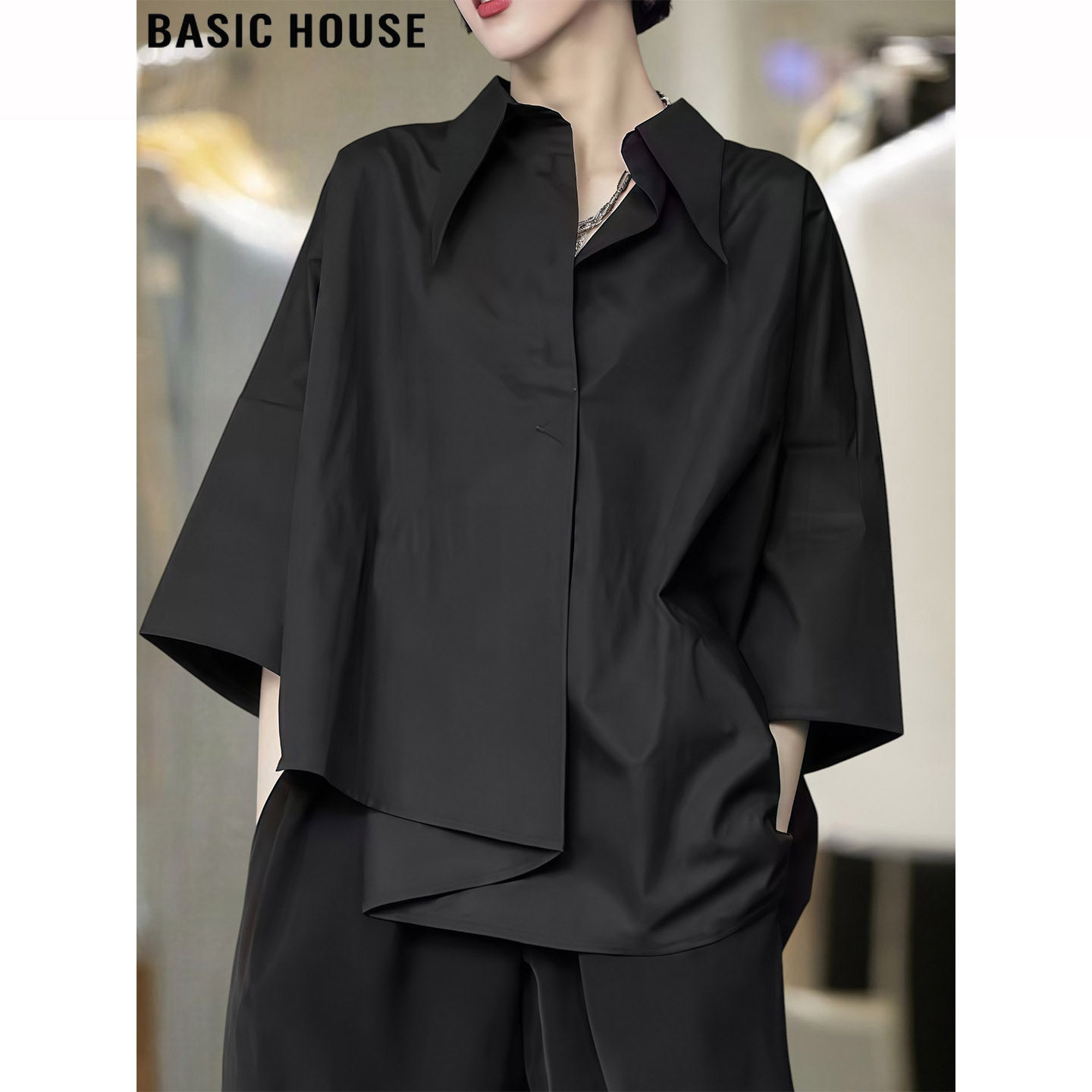 Basic House/百家好黑色polo领七分袖衬衫女2026夏季超火短袖衬衣