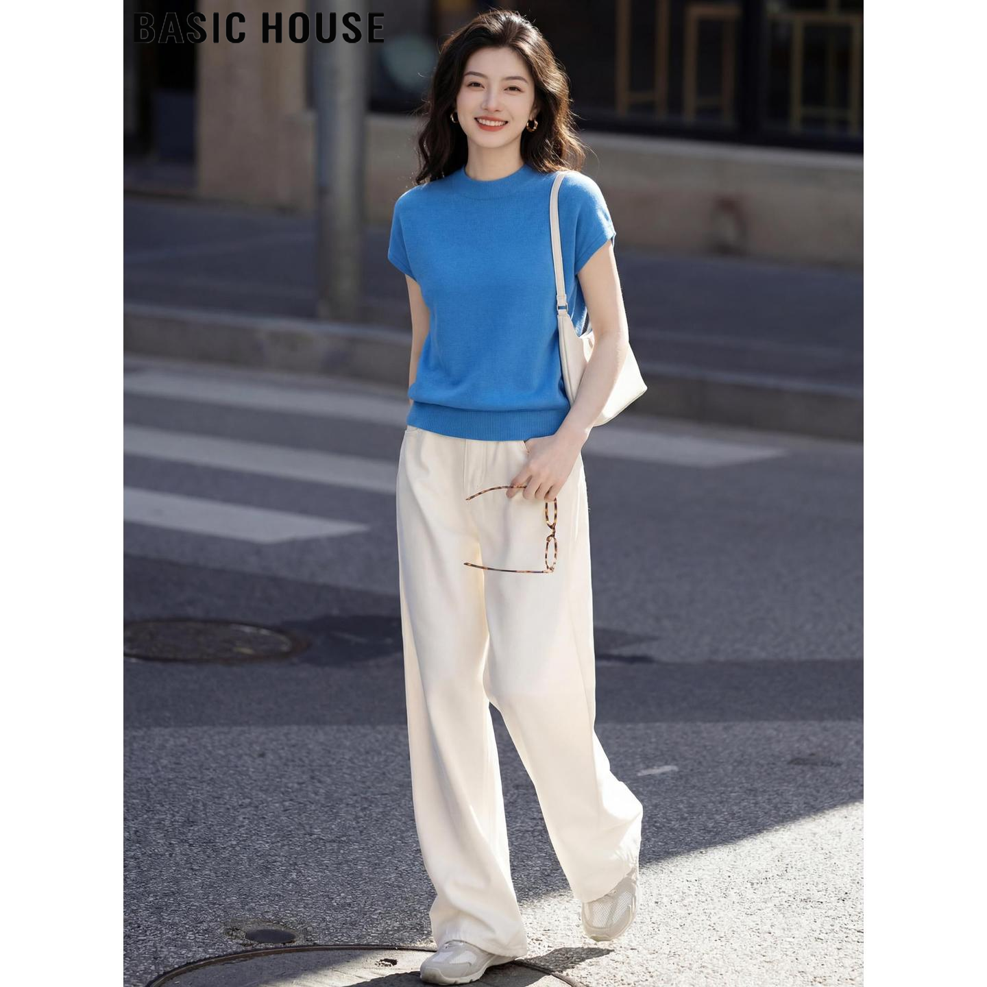 Basic House/百家好蓝色含羊毛半高领短袖针织衫女夏季小飞袖上衣