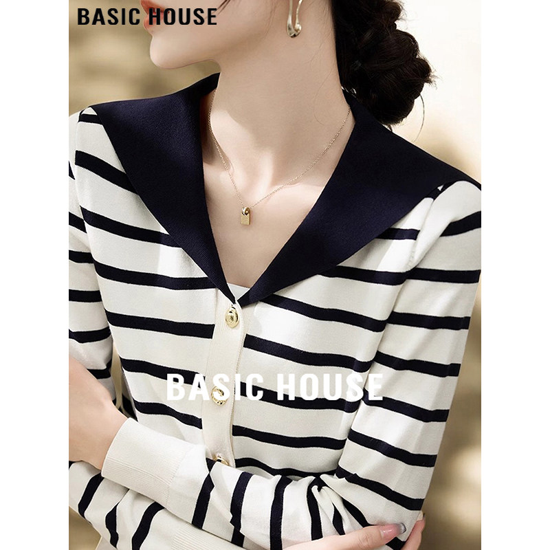 Basic House/百家好海军领条纹针织开衫女士2026春季新款撞色毛衣