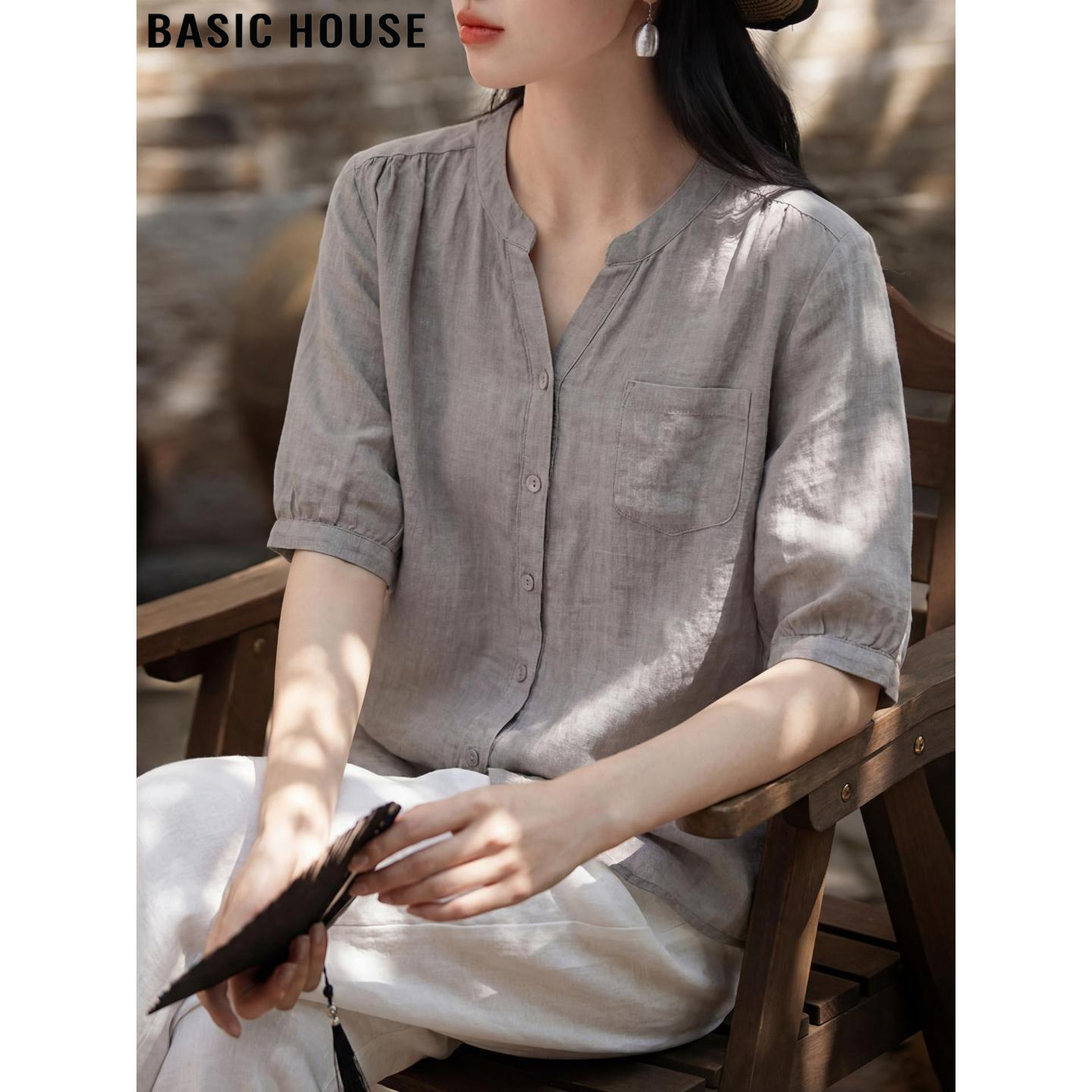 Basic House/百家好灰色100%苎麻薄款短袖衬衫女夏季超火V领衬衣
