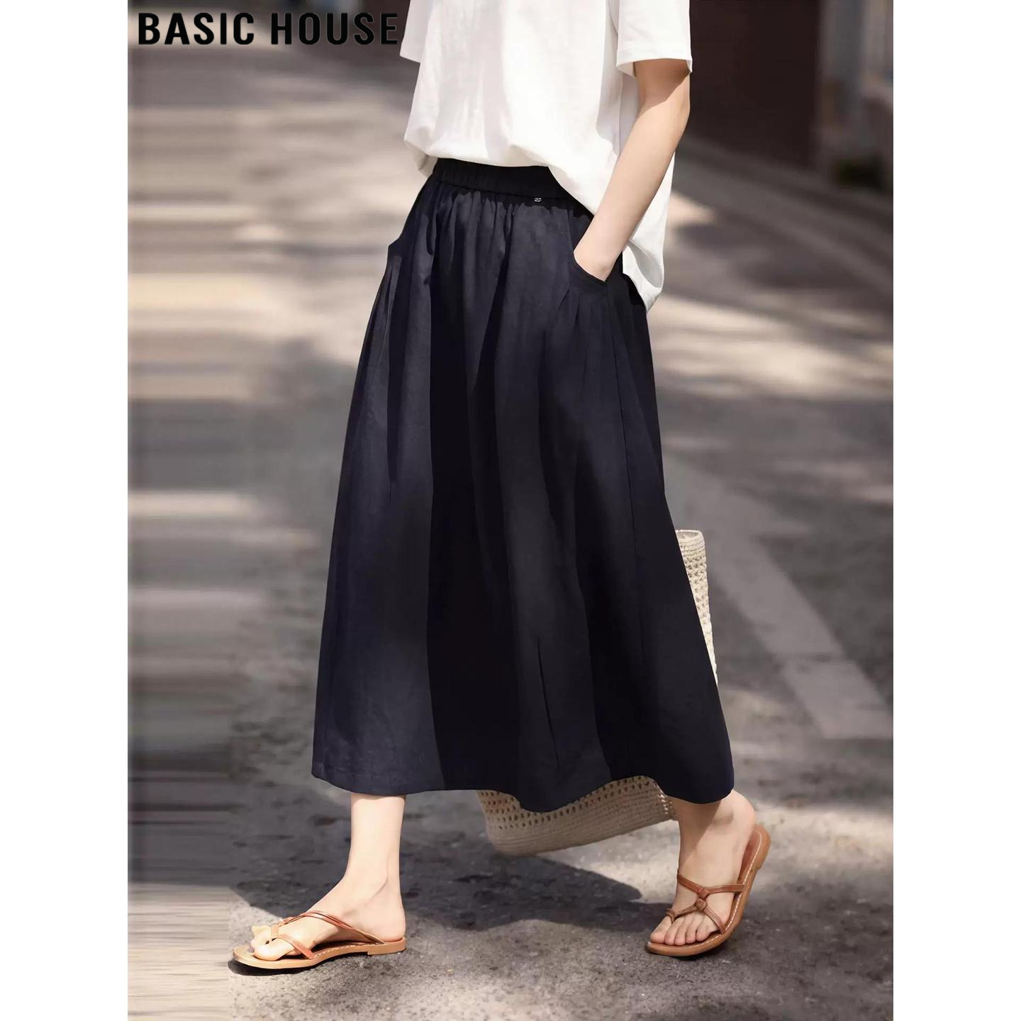 Basic House/百家好复古藏青色中长半身裙女2026春季A字大摆伞裙