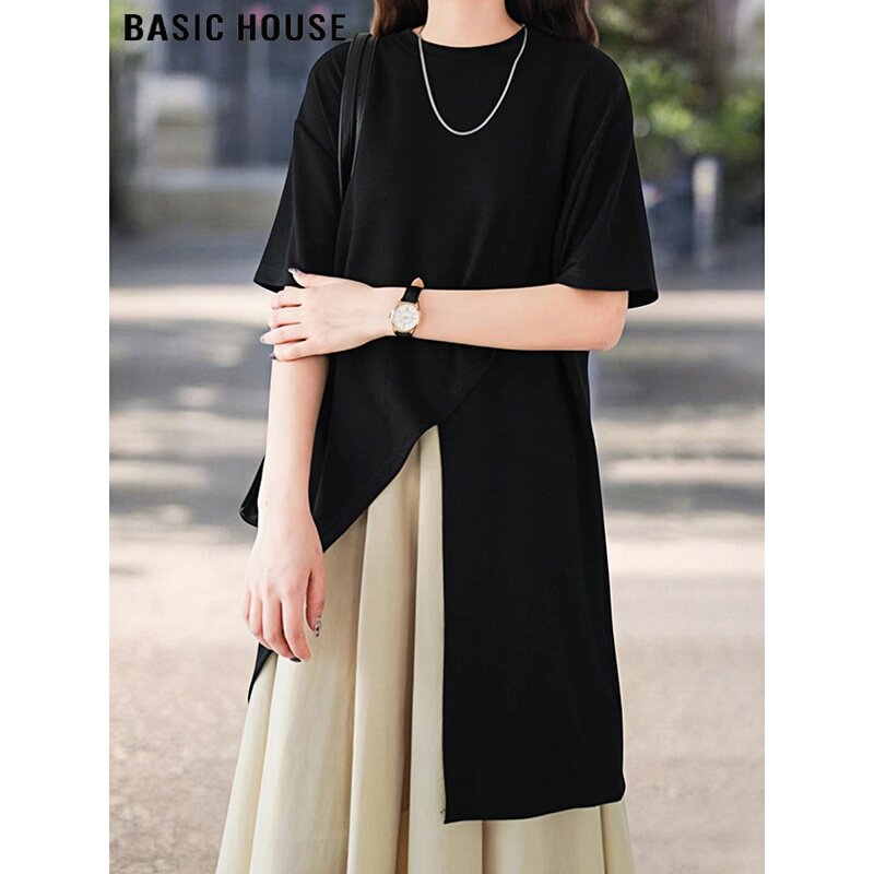 Basic House/百家好设计感不规则开叉中长款纯色短袖T恤女士夏季